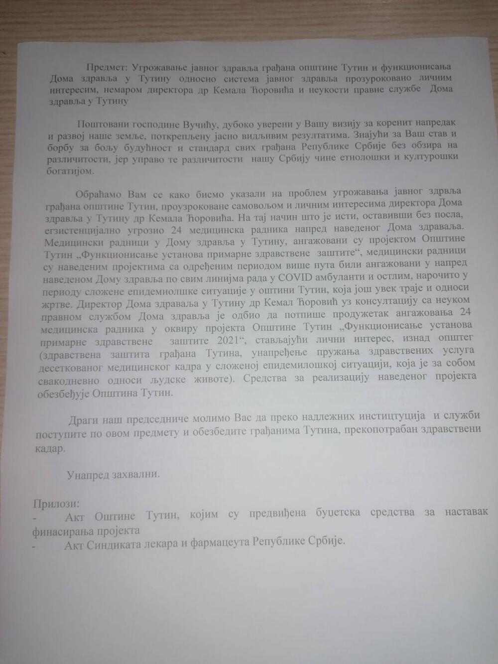 Pismo medicinara iz Tutina predsedniku Aleksandru Vučiću