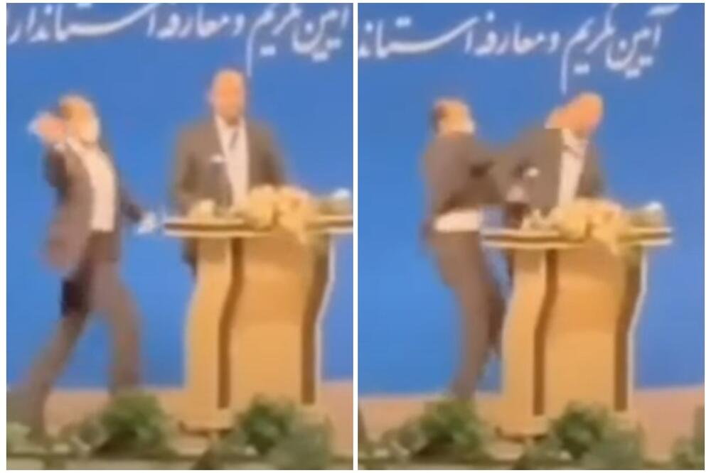 ZNAŠ LI KO MI JE VAKCINISAO ŽENU? Guverner u Iranu dobio pesnicu u glavu tokom govora VIDEO