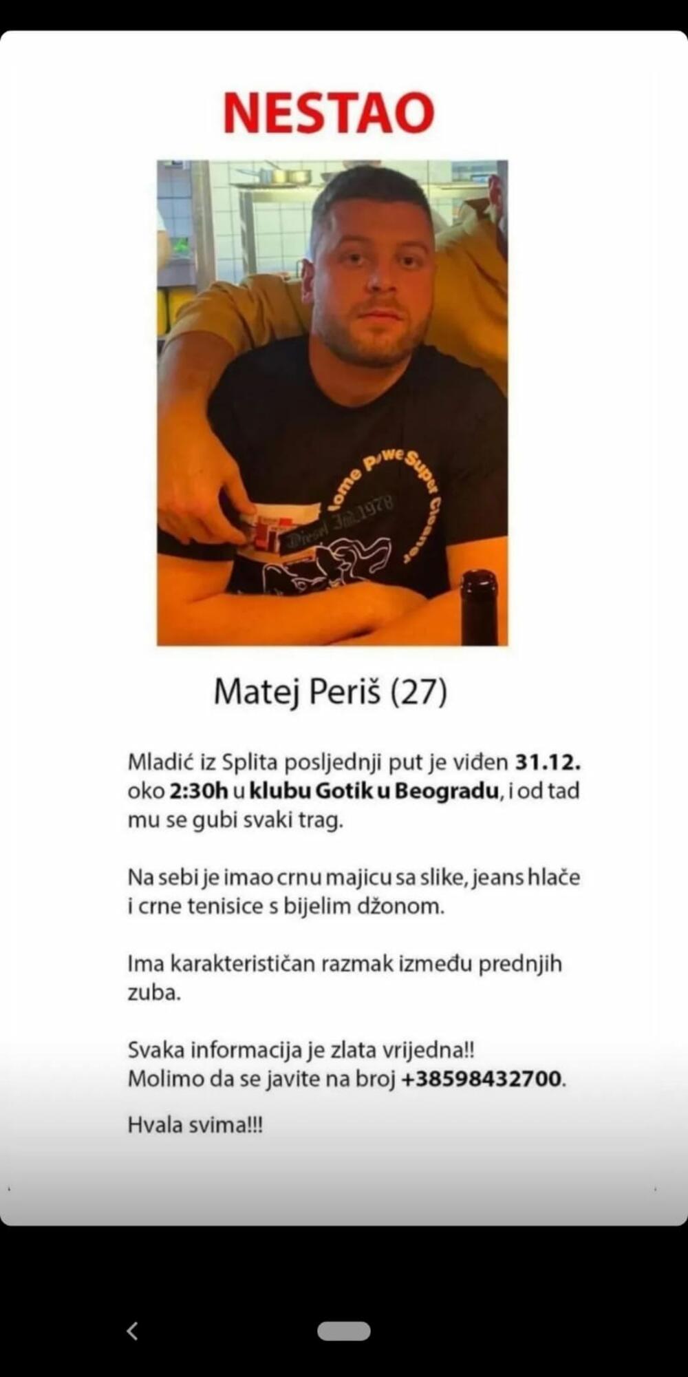 Matej Periš, nestao, Beograd