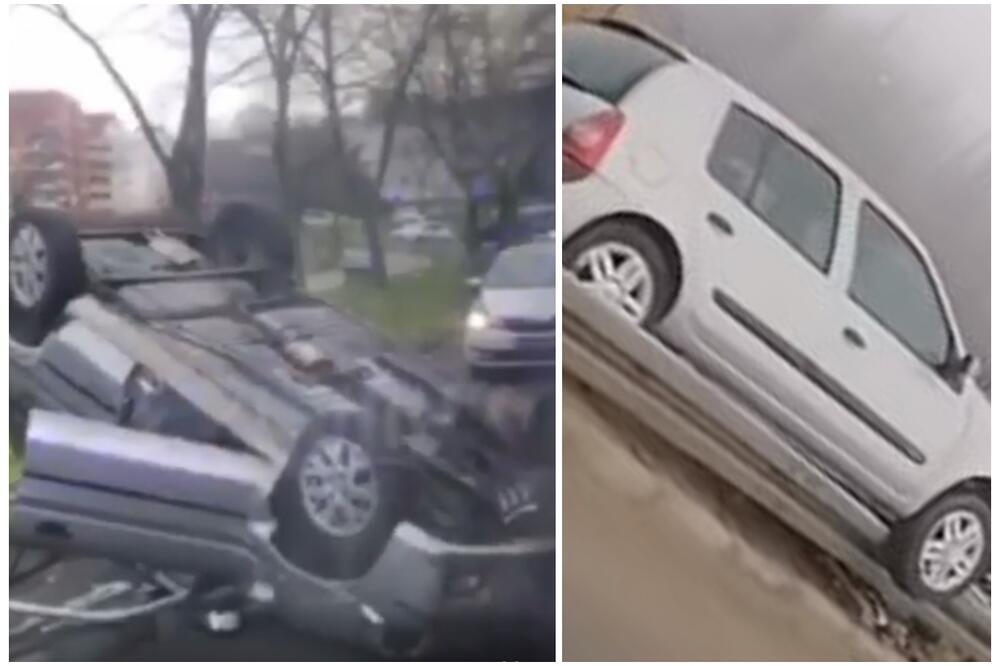 LOŠE JUTRO ZA BEOGRADSKE VOZAČE: U Mirijevu auto prevrnut na krov, a drugi ga na Pupinovom mostu popeo na bankinu (VIDEO)