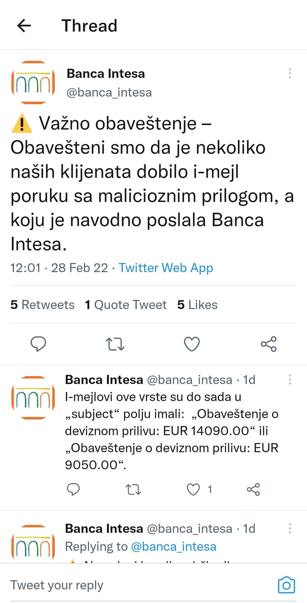 Banca Intesa, lažno obaveštenje, prevara, priliv