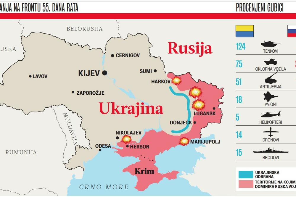 PROCENJENI GUBICI RUSKE I UKRAJINSKE VOJSKE: Rusija izgubila više tenkova i oklopnih vozila, Ukrajina brodova! (MAPA, FOTO)