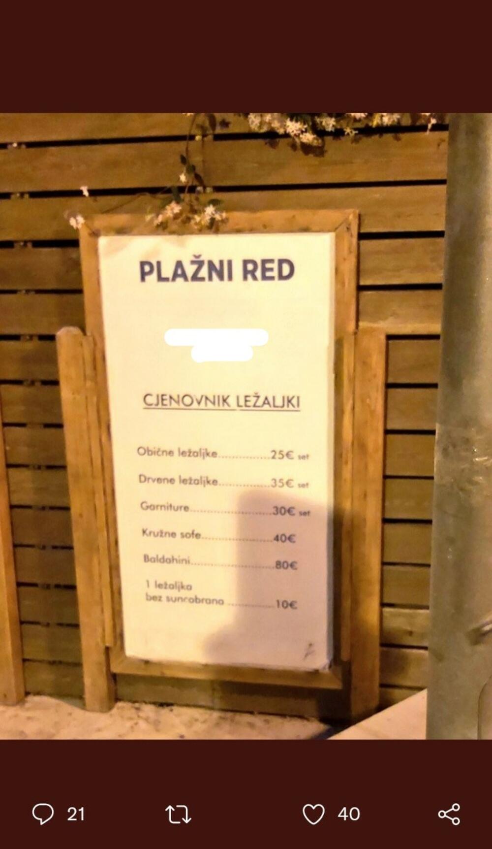 cena ležaljki, Crna Gora