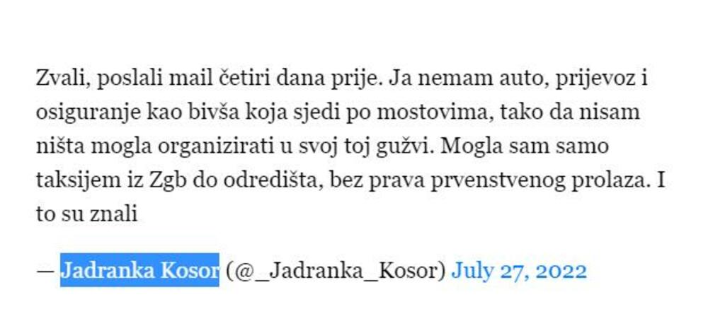 Jadranka Kosor, tvit