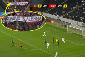 TEŠKA PROVOKACIJA NAVIJAČA ŠKENDIJE: Uneli transparent Kosovo je Albanija i zastavu Velike Albanije! UEFA mora da reaguje!