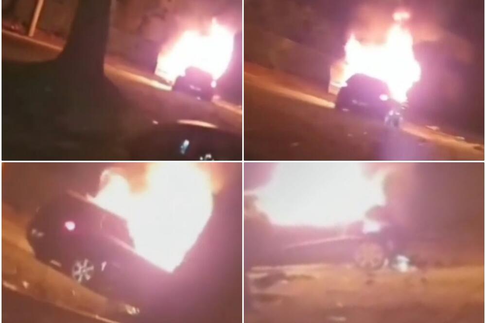 VOZAČ ŽIV IZGOREO U AUTOMOBILU: Stravičan snimak iz Bulevara, auto nestaje u plamenu! Vozač izgubio kontrolu i udario u banderu!