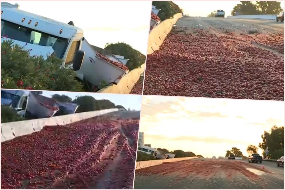 PARADAJZ NAPRAVIO HAOS NA AUTO-PUTU: Kamion udario u zaštitnu ogradu, prosuto više od 150.000 plodova, 3 osobe povređene (VIDEO)