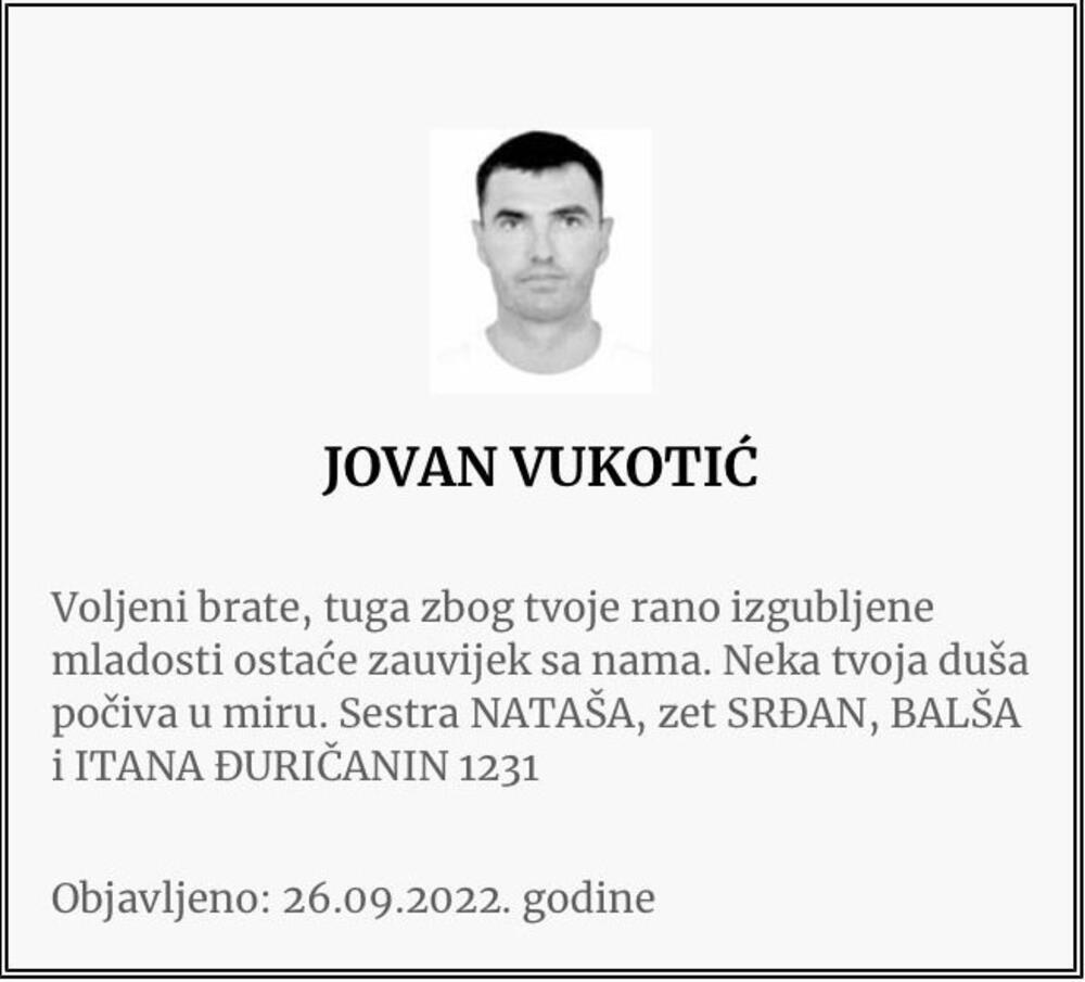 Jovan Vukotić, umrlica