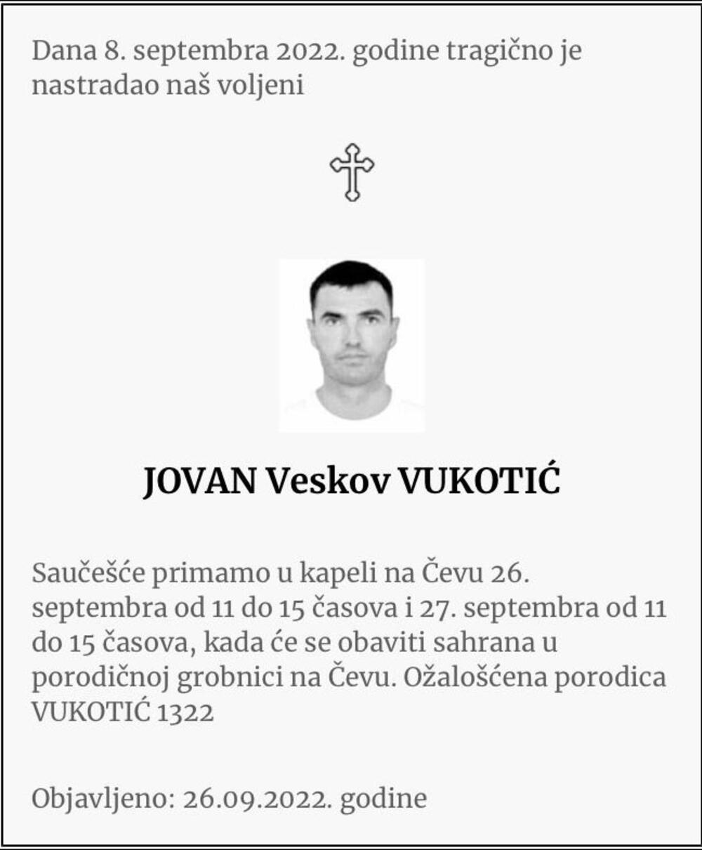 Jovan Vukotić, umrlica