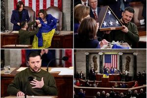 POSLE GOVORA ZELENSKOG U KONGRESU: Pelosi dobila ukrajinsku zastavu iz Bahmuta sa potpisom vojnika, a on američku ispred Kongresa