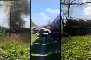 RUSKI VOZ ISKOČIO IZ ŠINA: Vagoni u plamenu, pre incidenta PRUGA DIGNUTA U VAZDUH, teretnjak od 60 vagona prevozio je naftu! VIDEO