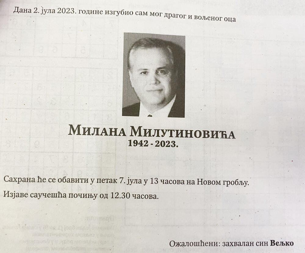 čitulja, Milan Milutinović