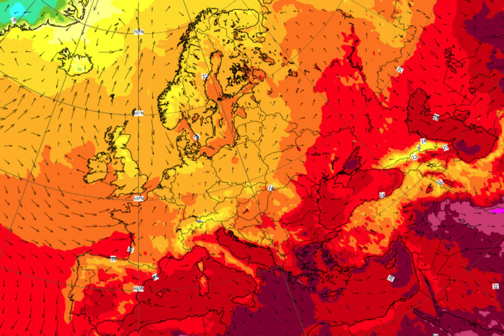 toplotni talas, mapa Evrope, vrućina, vremenska prognoza, paklena vrućina