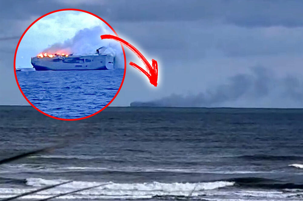 PRVI SNIMAK TERETNOG BRODA KOJI GORI KOD OBALE HOLANDIJE: Vatra izmiče kontroli, posada skočila u more, tone 3.000 vozila (VIDEO)