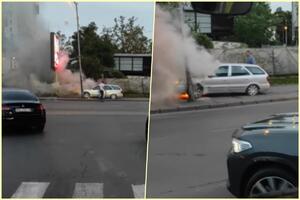 STRAŠAN PRIZOR KOD PANČEVAČKOG MOSTA: Vatra guta vozilo nasred ulice, vatrogasci se bore sa plamenom! Saobraćaj u zastoju (VIDEO)