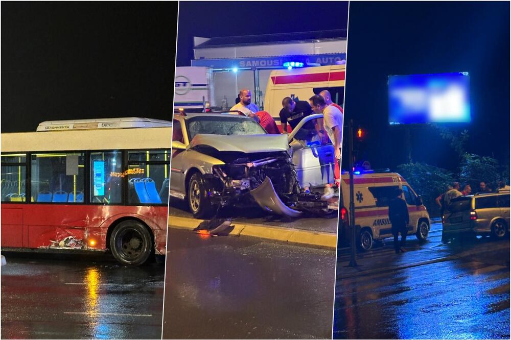 TEŠKA SAOBRAĆAJNA NESREĆA NA KARABURMI: Auto proleteo na crveno i zakucao se u autobus! Vozača izvlače iz uništenog vozila (FOTO)