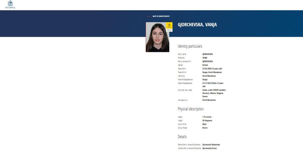 Vanja Đorčevska, nestala, Interpol, potraga