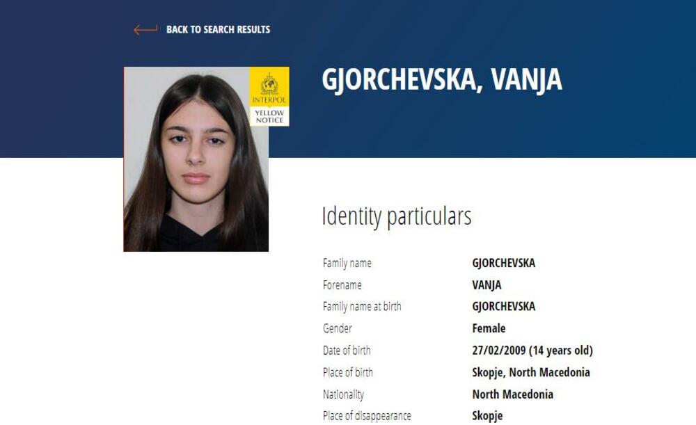 Vanja Đorčevska, nestala, Interpol, potraga